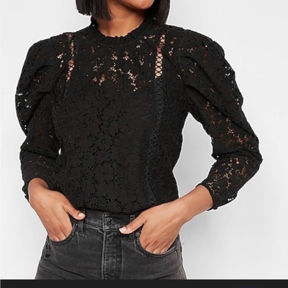 NWT Express Black Lace Puff-Sleeve Blouse with Eyelet Detailing Size XS